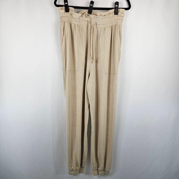 NWT BLANKNYC Ruffled Smocked Paperbag Elastic Waist Pull On Linen Jogger Pant L - Picture 2 of 12